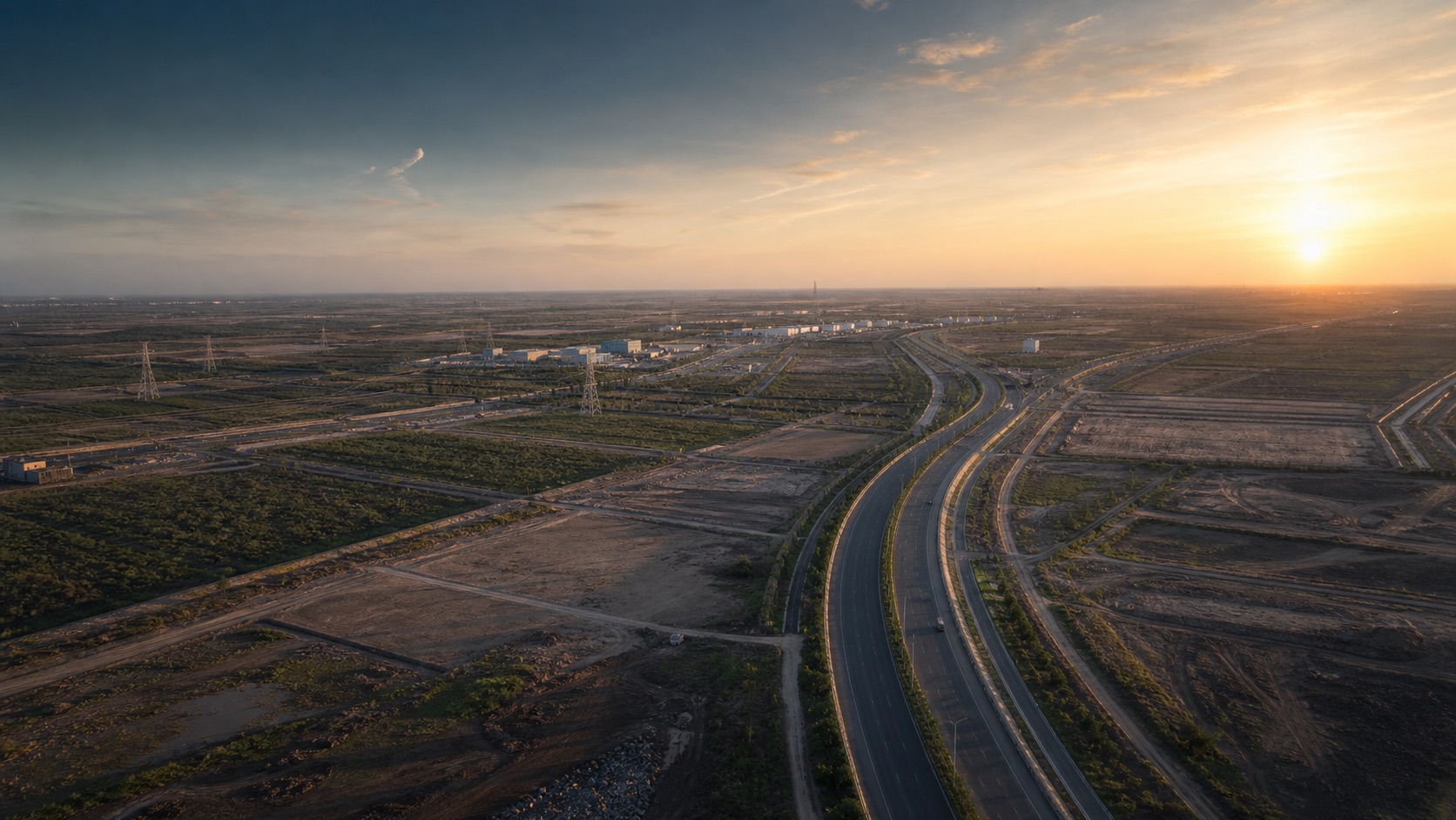 Conceptual aerial visualization of a planned regional infrastructure corridor
